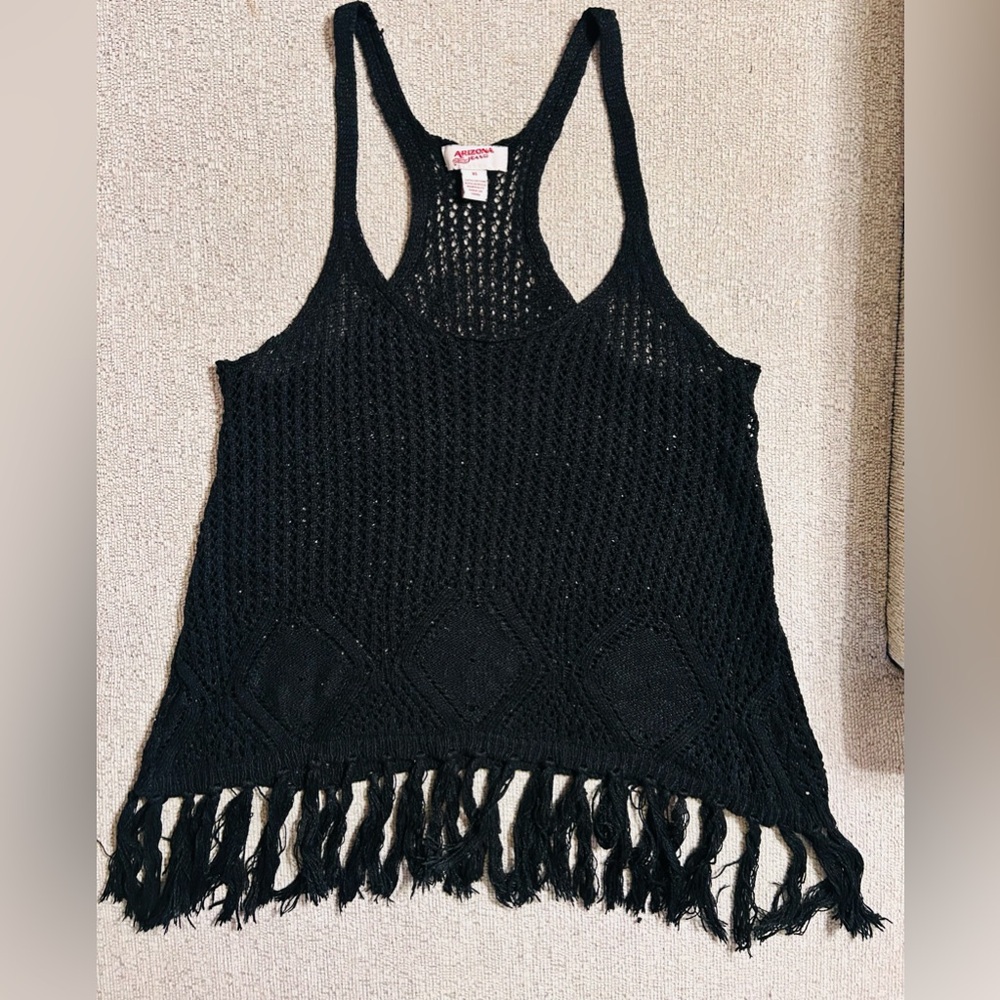 Arizona Fully Crocheted Black Racerback Tank w Fringe Hem